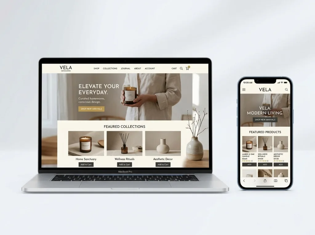 VELA Artisanal e-commerce website on laptop and mobile